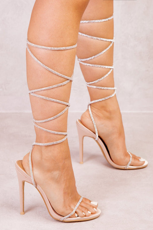 OPHELIA DIAMANTE STRAP LACE UP TIE LEG HIGH HEELS IN CHAMPAGNE GOLD SILK - Popular trends empire