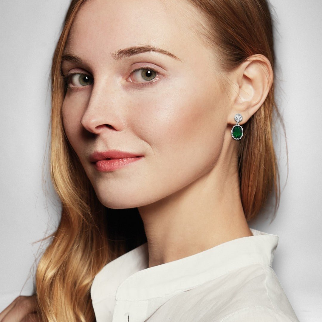 Oval Emerald Cubic Zirconia Fancy Drop Earrings - Popular trends empire