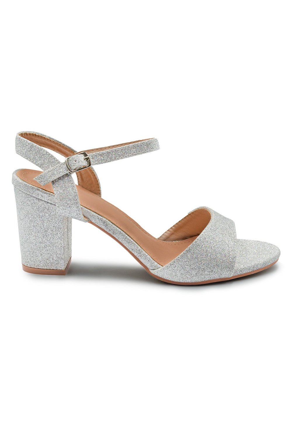 PAITYN BUCKLE UP LOW BLOCK HEEL SANDAL IN MOON SILVER GLITTER - Popular trends empire