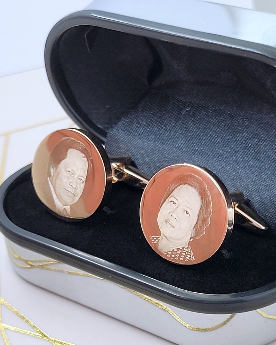 Personalised Round Gold Cufflinks – Photo Engraved in Chrome Case for Groom, Best Man & Father of Groom - Popular trends empire