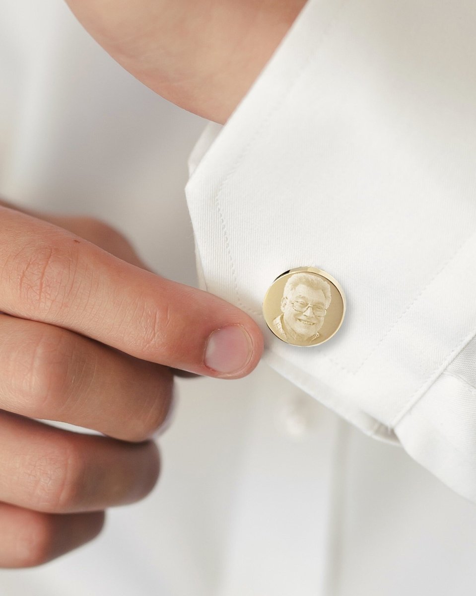 Personalised Round Gold Cufflinks – Photo Engraved in Chrome Case for Groom, Best Man & Father of Groom - Popular trends empire