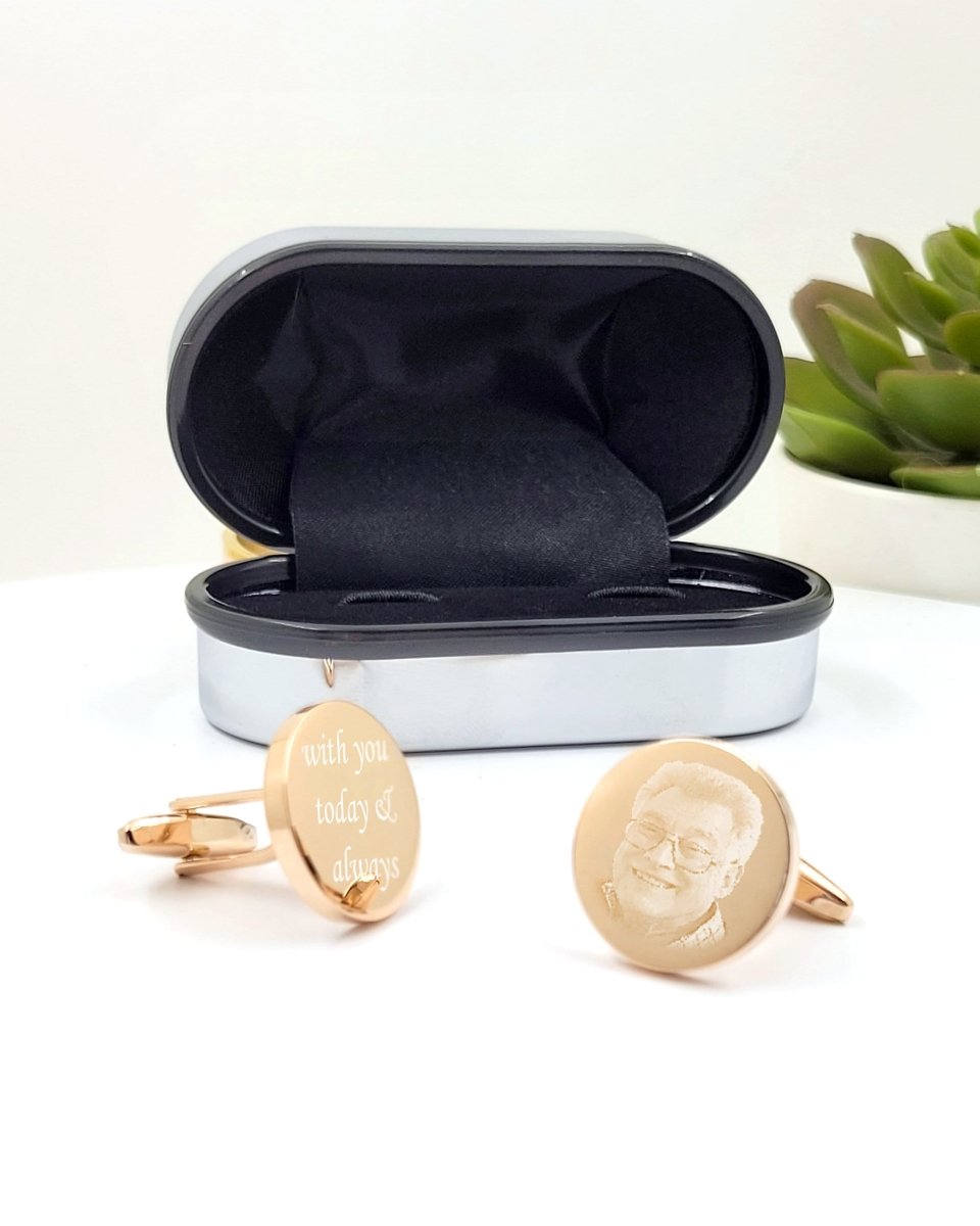 Personalised Round Gold Cufflinks – Photo Engraved in Chrome Case for Groom, Best Man & Father of Groom - Popular trends empire