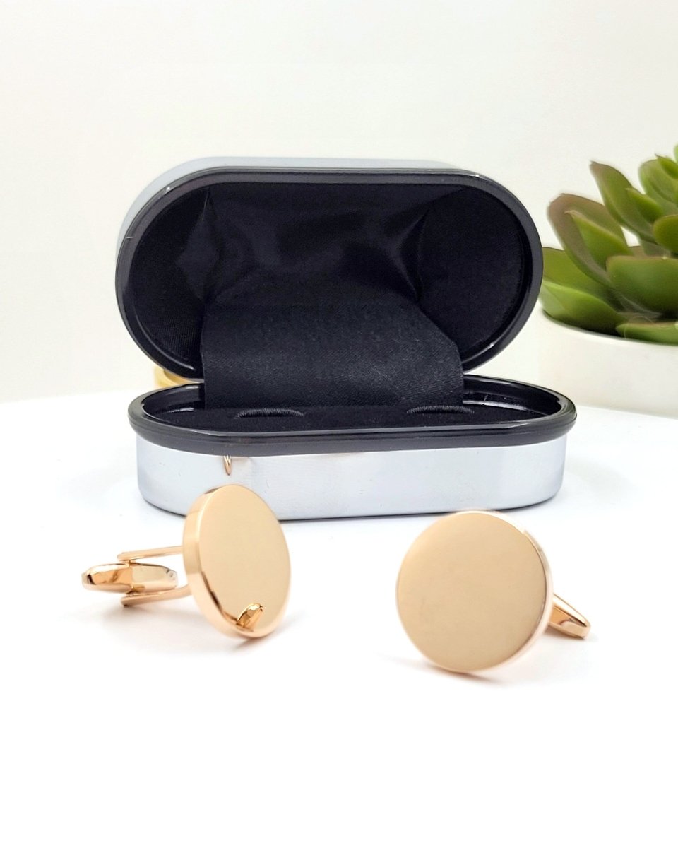 Personalised Round Gold Cufflinks – Photo Engraved in Chrome Case for Groom, Best Man & Father of Groom - Popular trends empire
