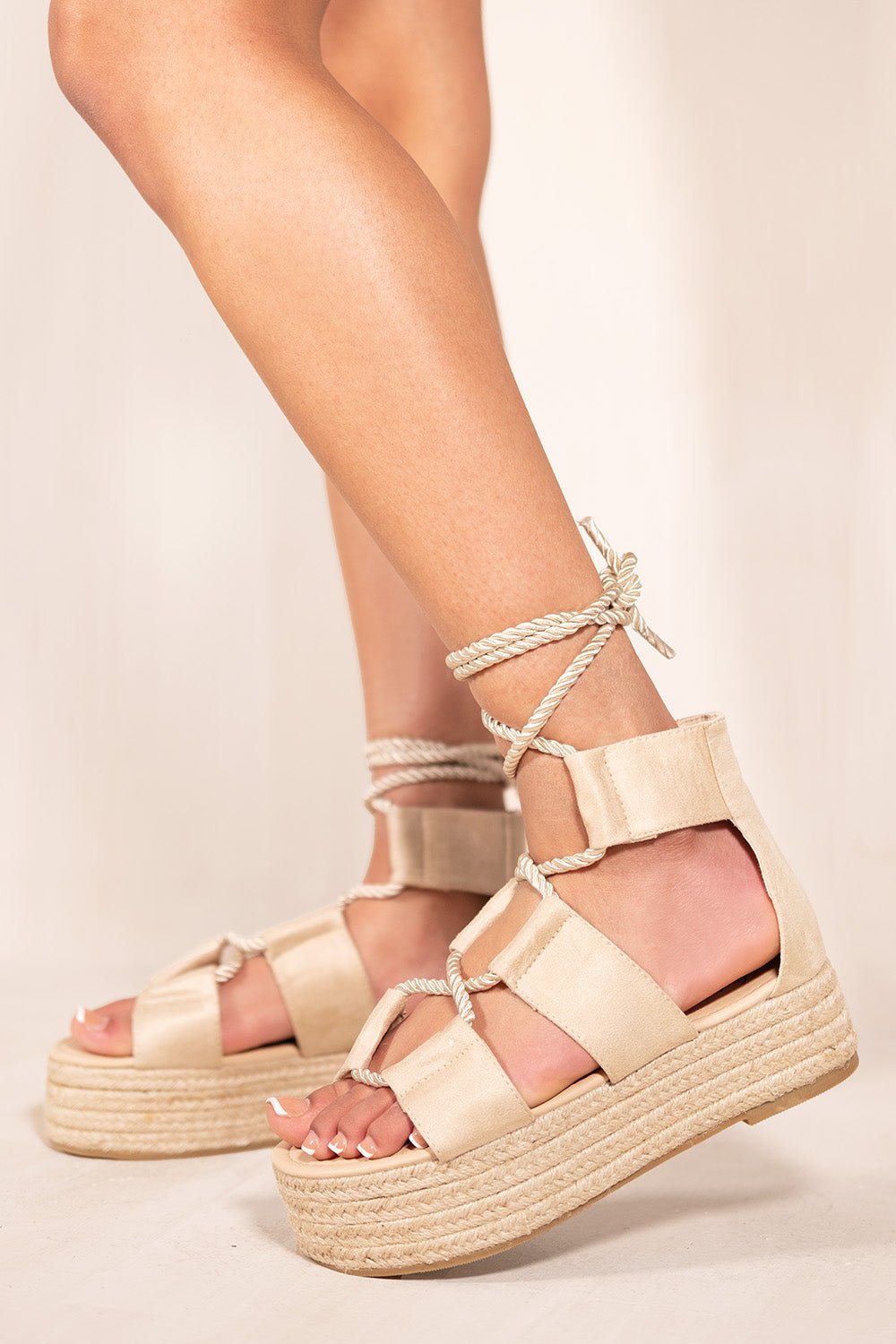 PEYTON ROPE LACE UP FLATFORMS WITH CHUNKY STRAPS IN IVORY CREAM SUEDE - Popular trends empire