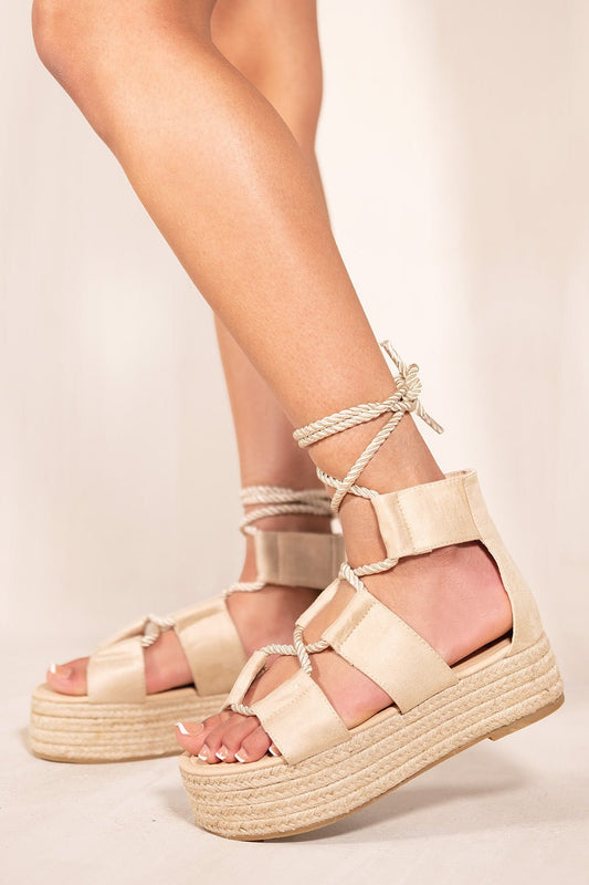 PEYTON ROPE LACE UP FLATFORMS WITH CHUNKY STRAPS IN IVORY CREAM SUEDE - Popular trends empire