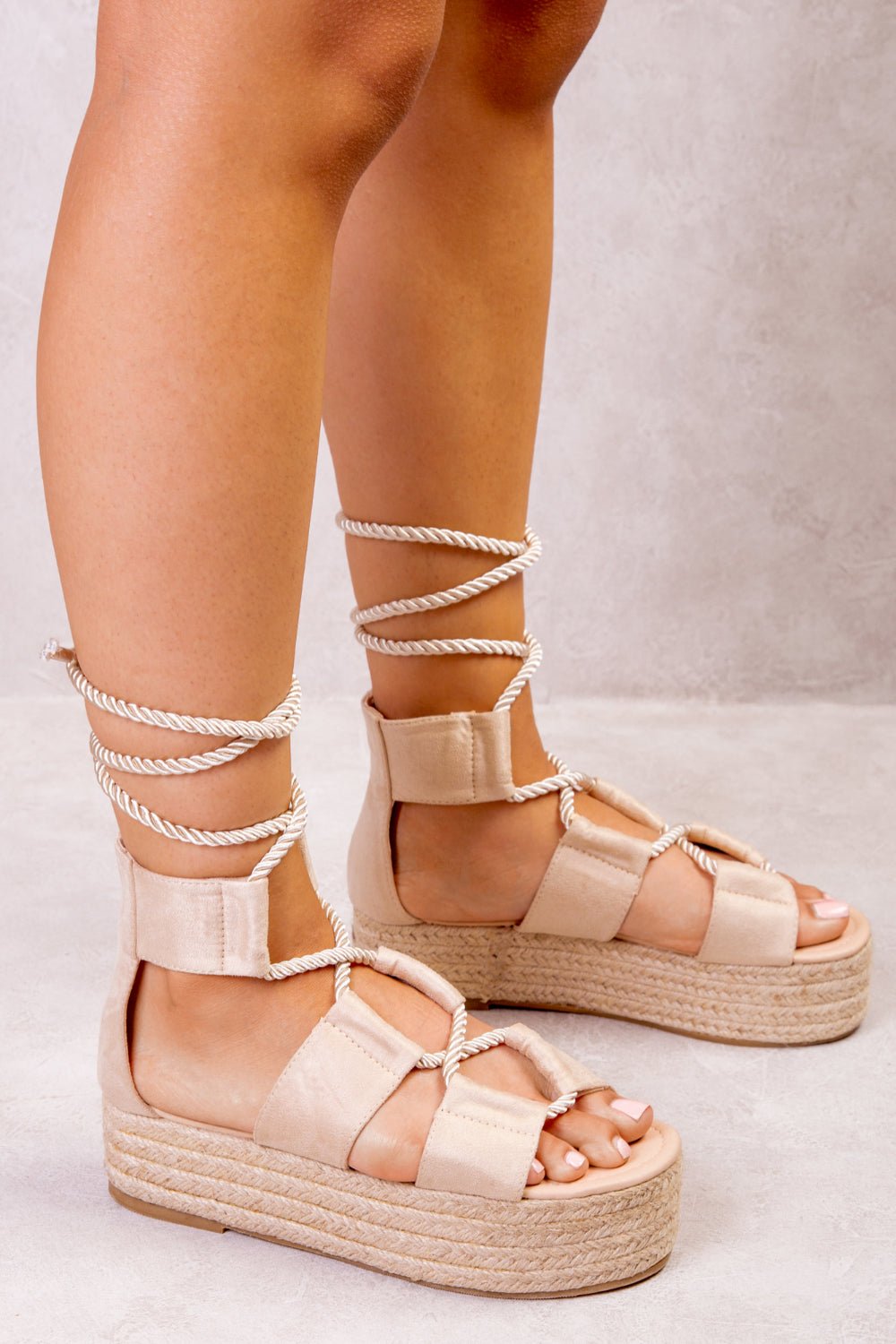 PEYTON ROPE LACE UP FLATFORMS WITH CHUNKY STRAPS IN IVORY CREAM SUEDE - Popular trends empire