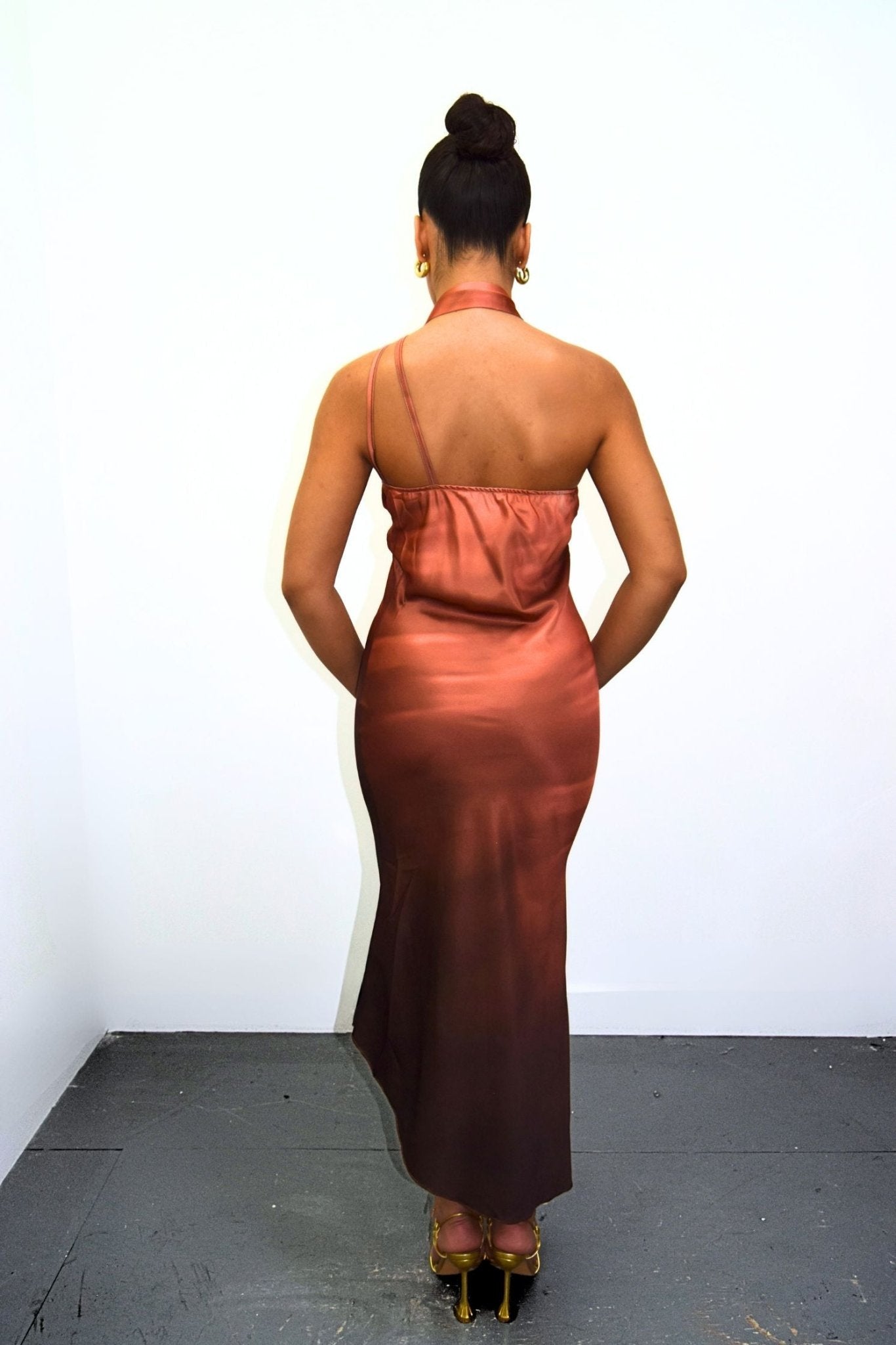 Pink Satin Ombre Asymmetrical Tie Neck Slip Midi Dress - Popular trends empire