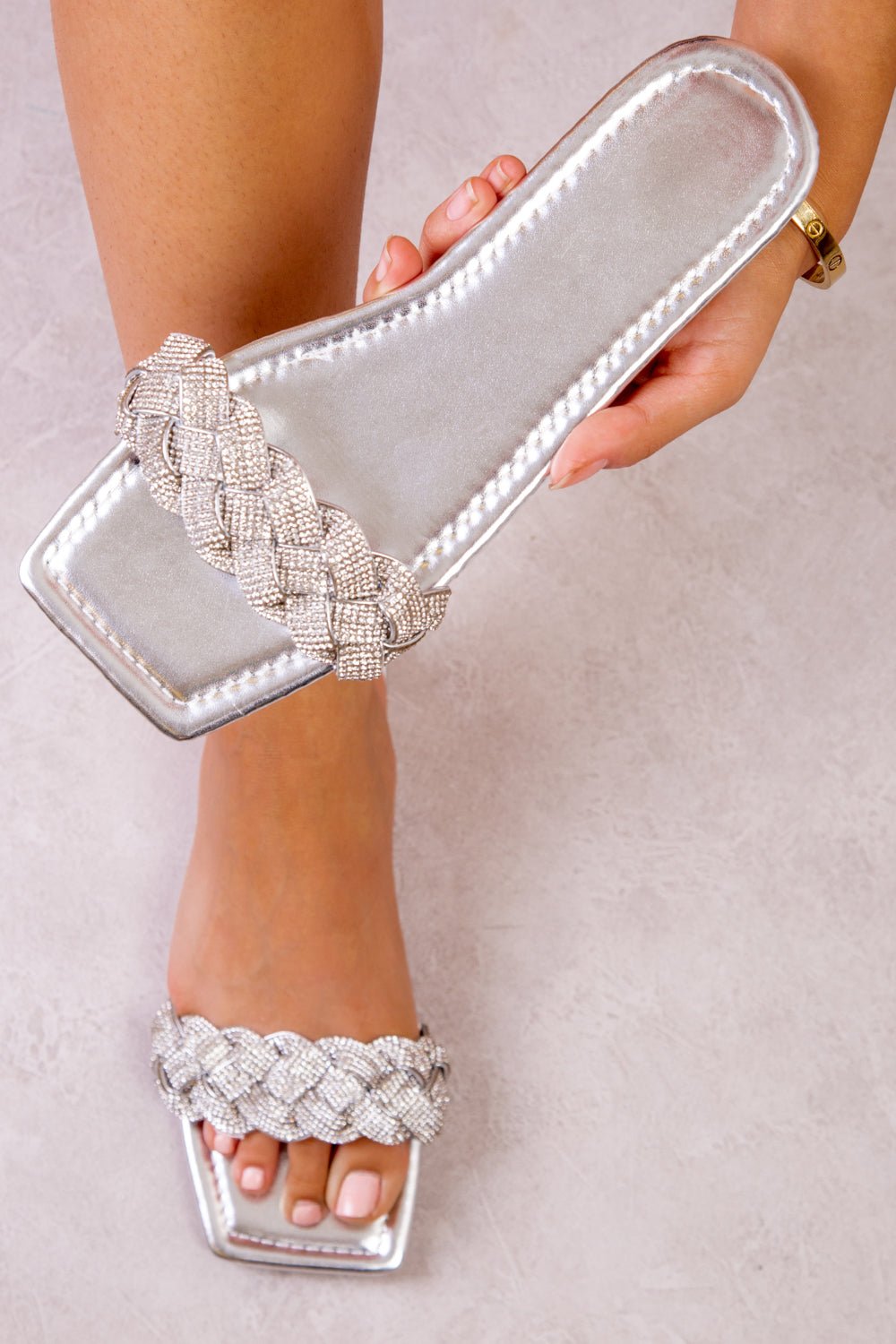 POP BRAIDED DIAMANTE SLIDERS WITH SQUARE TOE IN SILVER METALLIC - Popular trends empire