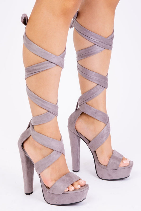 QISTINA HIGH HEEL PLATFORM WITH LACE - UP STRAPS IN GREY SUEDE - Popular trends empire
