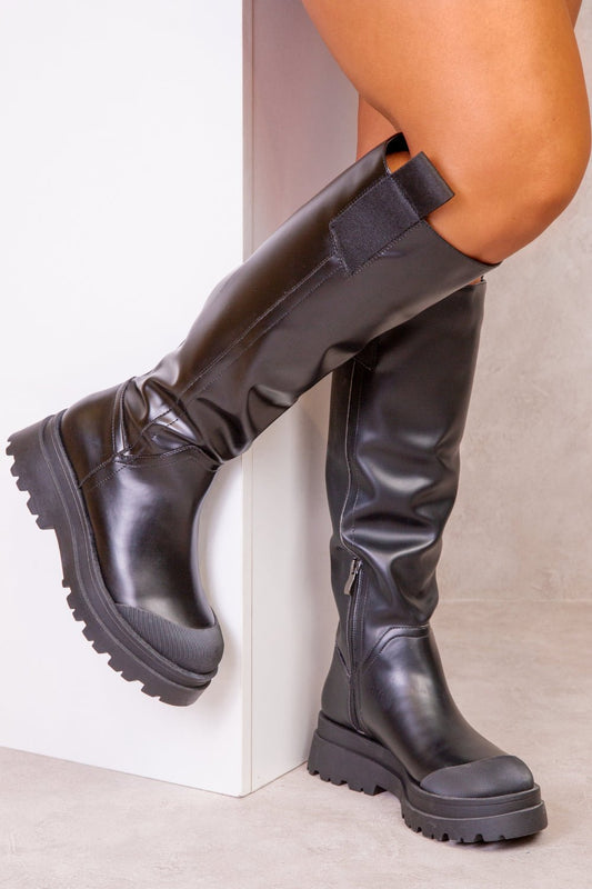RACHEL CHUNKY PLATFORM CALF BOOTS IN BLACK FAUX LEATHER - Popular trends empire