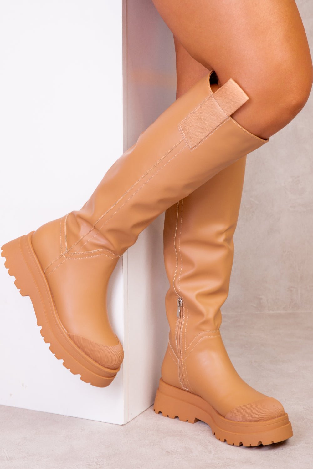 RACHEL CHUNKY PLATFORM CALF BOOTS IN CARAMEL MOCHA FAUX LEATHER - Popular trends empire
