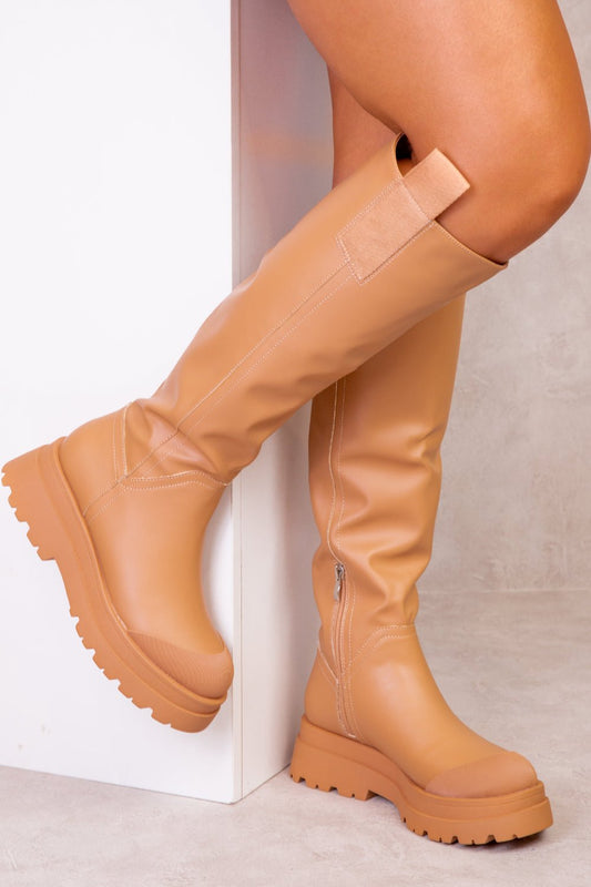 RACHEL CHUNKY PLATFORM CALF BOOTS IN CARAMEL MOCHA FAUX LEATHER - Popular trends empire