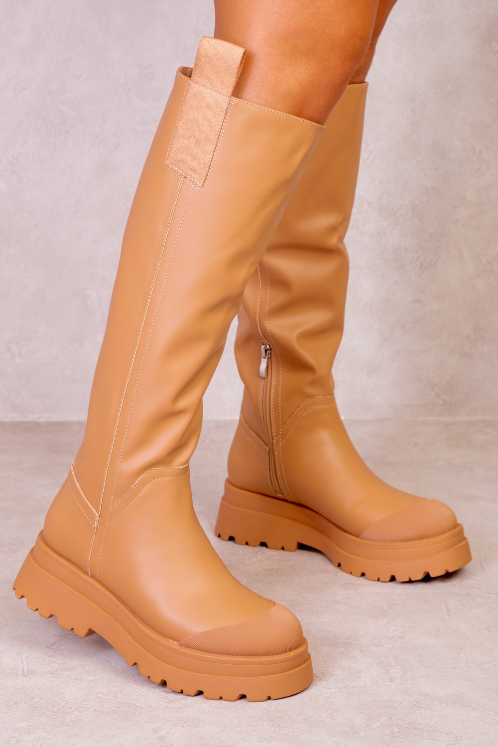 RACHEL CHUNKY PLATFORM CALF BOOTS IN CARAMEL MOCHA FAUX LEATHER - Popular trends empire