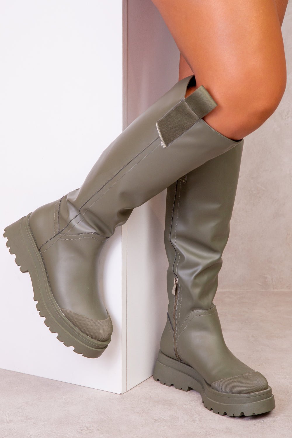 RACHEL CHUNKY PLATFORM CALF BOOTS IN KHAKI FAUX LEATHER - Popular trends empire