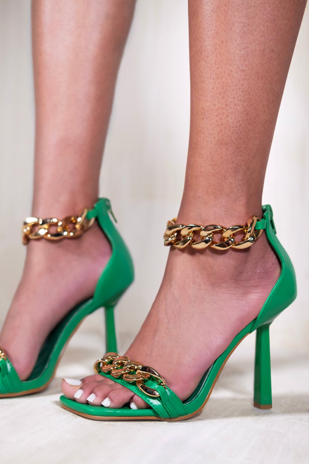 REESE HIGH HEEL WITH CHUNKY CHAIN STRAPS IN JADE GREEN FAUX LEATHER - Popular trends empire