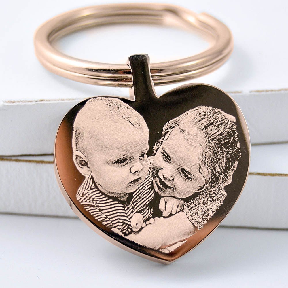 Rose Gold Heart Keychain – Personalised Photo Engraved Keepsake with Velvet Pouch - Popular trends empire