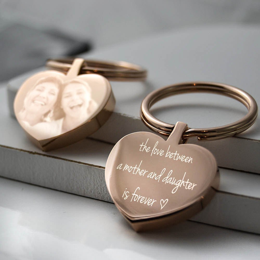 Rose Gold Heart Keychain – Personalised Photo Engraved Keepsake with Velvet Pouch - Popular trends empire