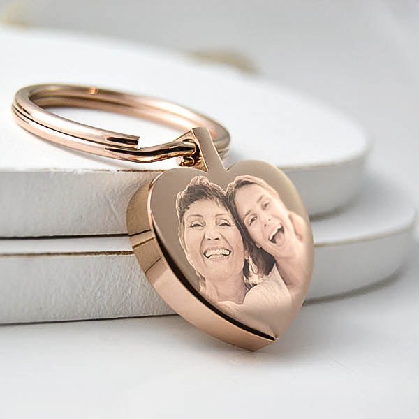Rose Gold Heart Keychain – Personalised Photo Engraved Keepsake with Velvet Pouch - Popular trends empire