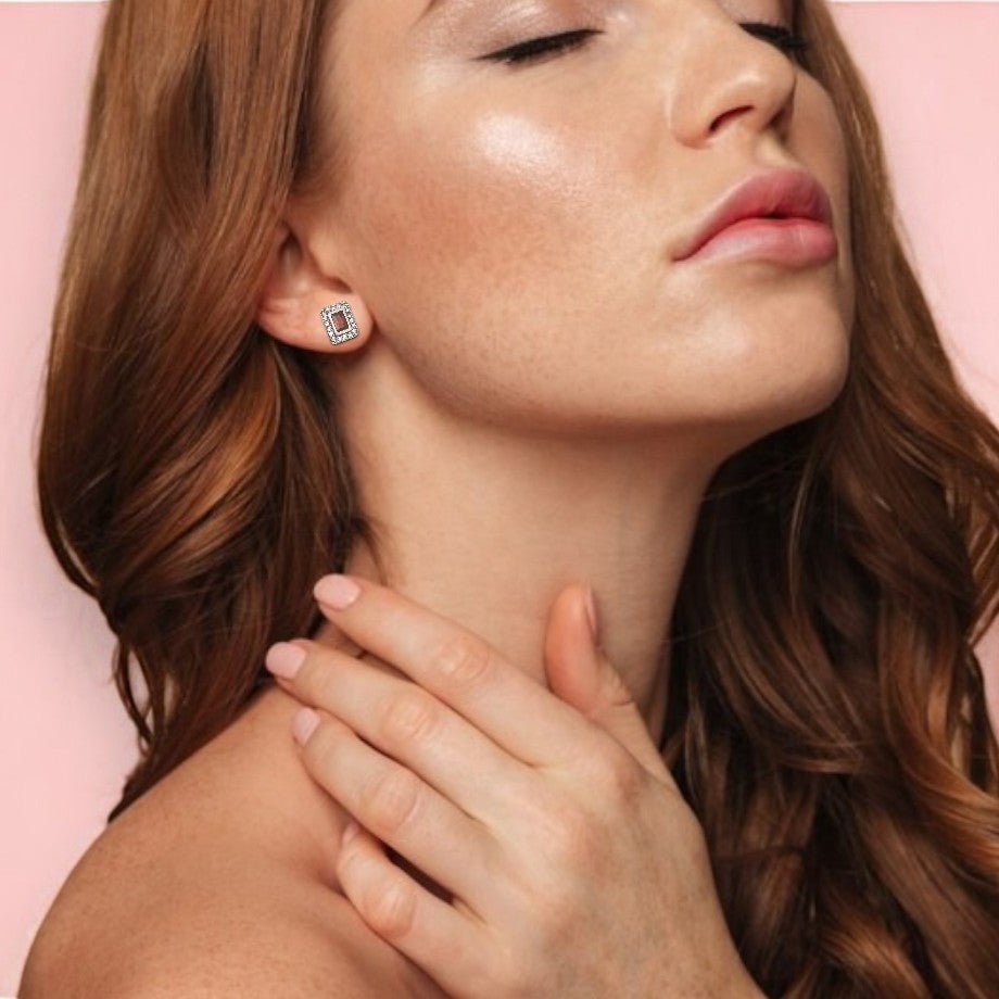 Ruby Rectangle Halo Stud Earrings - Popular trends empire