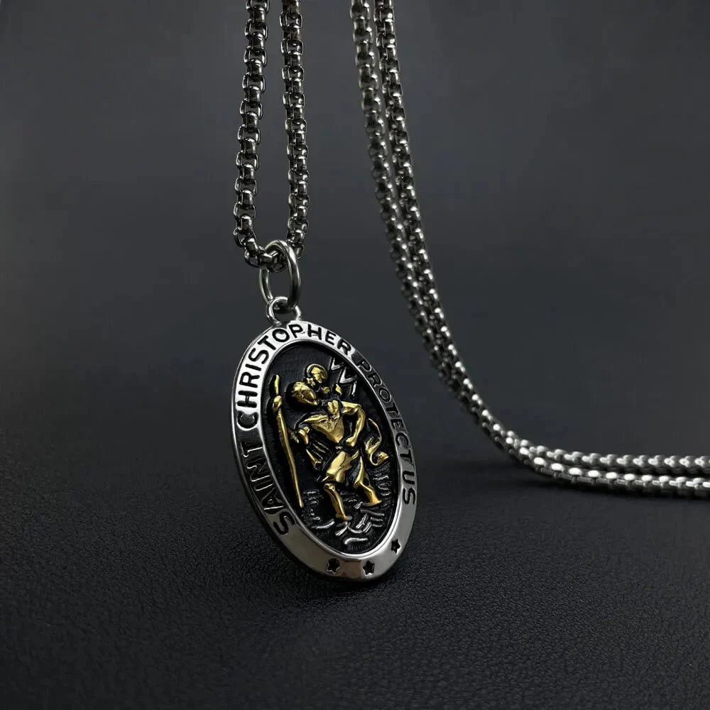 Saint Christopher Necklace - Men's Solid Stainless Steel Chain With Custom Engraved Pendant - Popular trends empire
