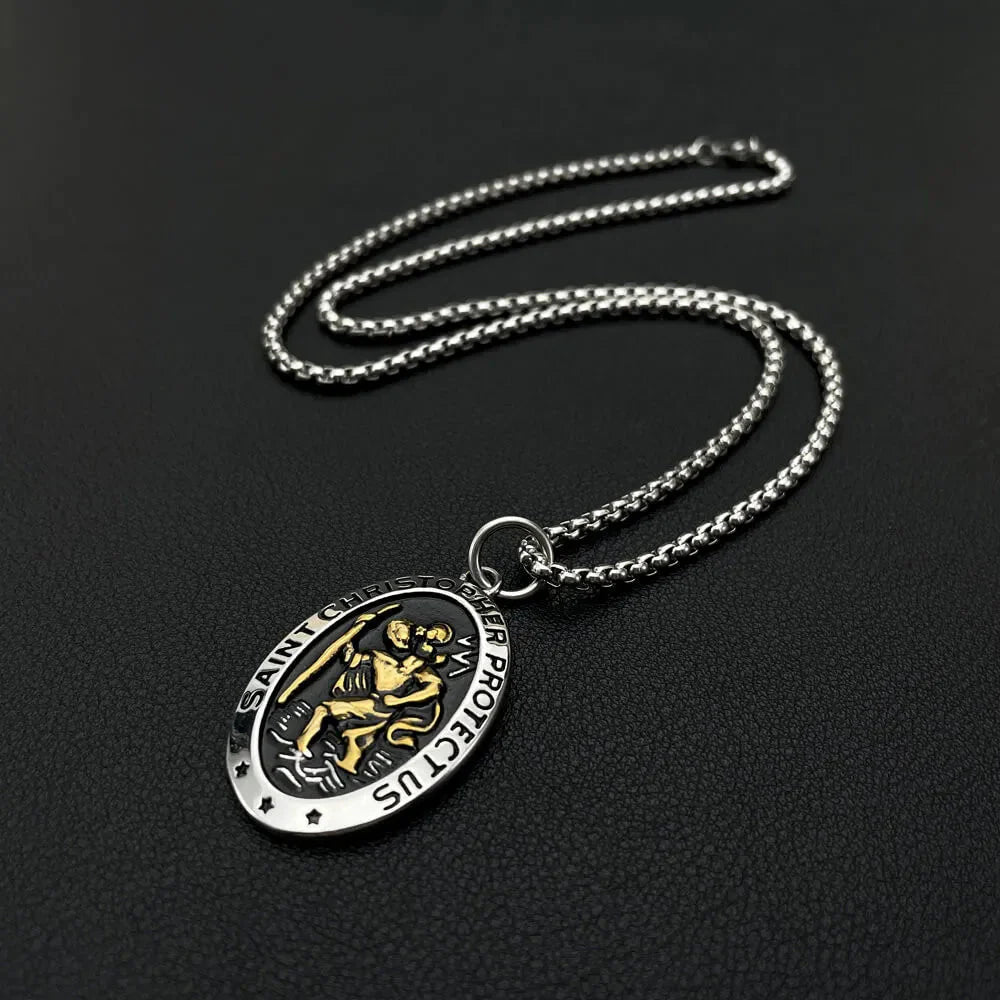Saint Christopher Necklace - Men's Solid Stainless Steel Chain With Custom Engraved Pendant - Popular trends empire