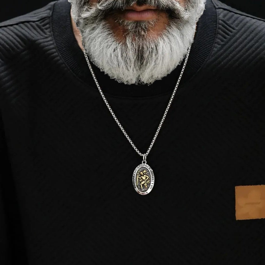 Saint Christopher Necklace - Men's Solid Stainless Steel Chain With Custom Engraved Pendant - Popular trends empire