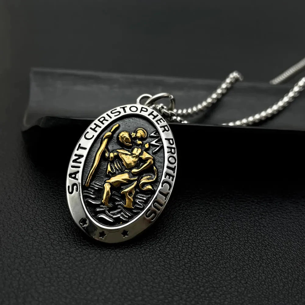 Saint Christopher Necklace - Men's Solid Stainless Steel Chain With Custom Engraved Pendant - Popular trends empire