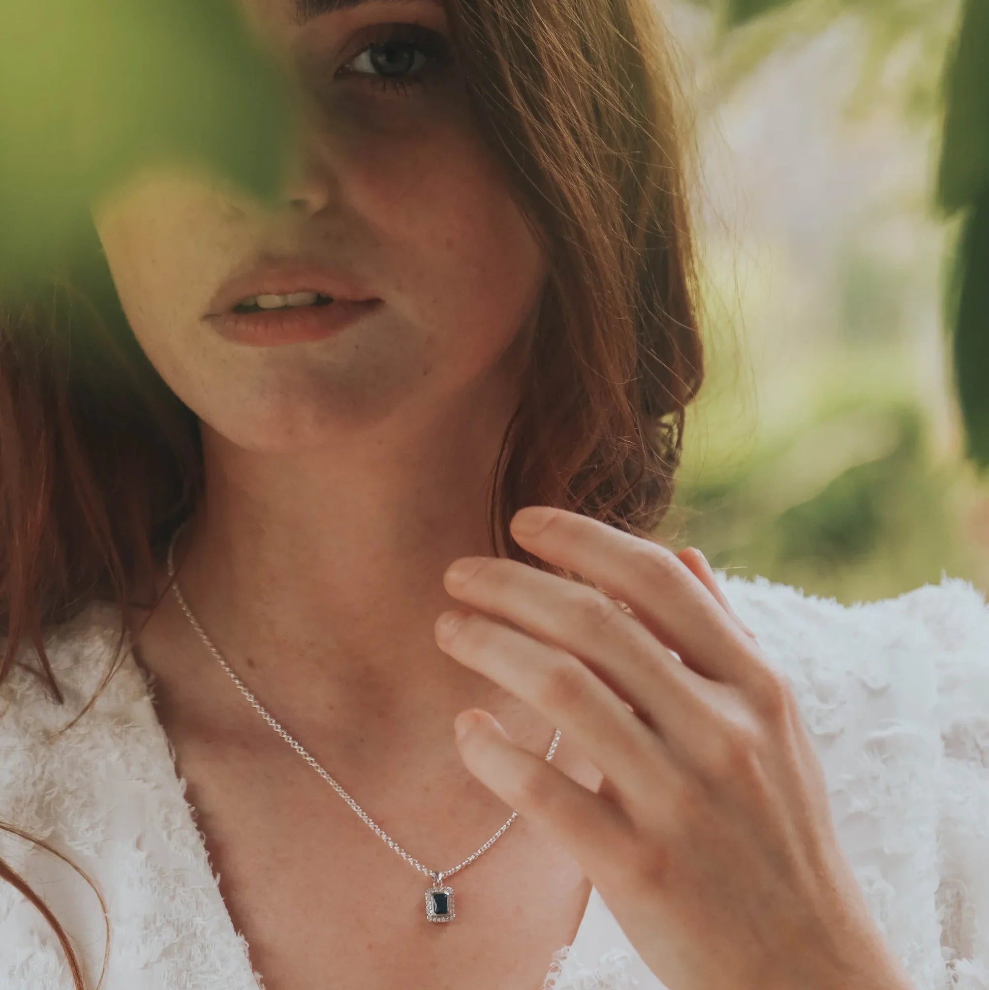 Sapphire Rectangle Halo Pendant Necklace - Popular trends empire