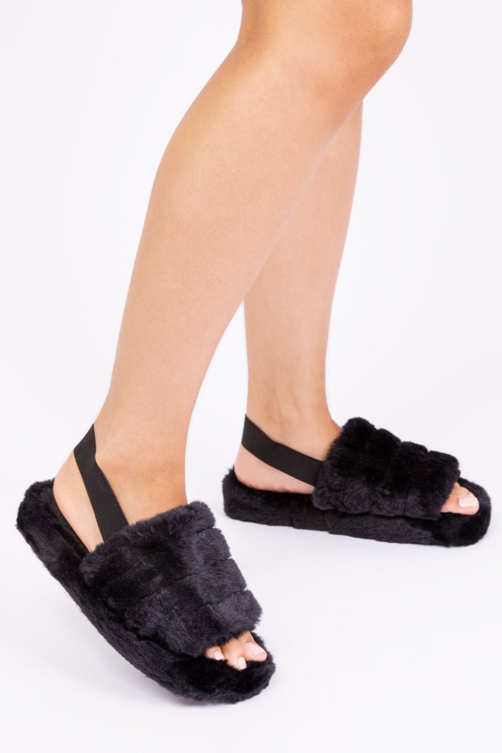 SASHA FLUFFY FAUX FUR MULE SLIPPERS WITH ELASTIC STRAP IN BLACK - Popular trends empire