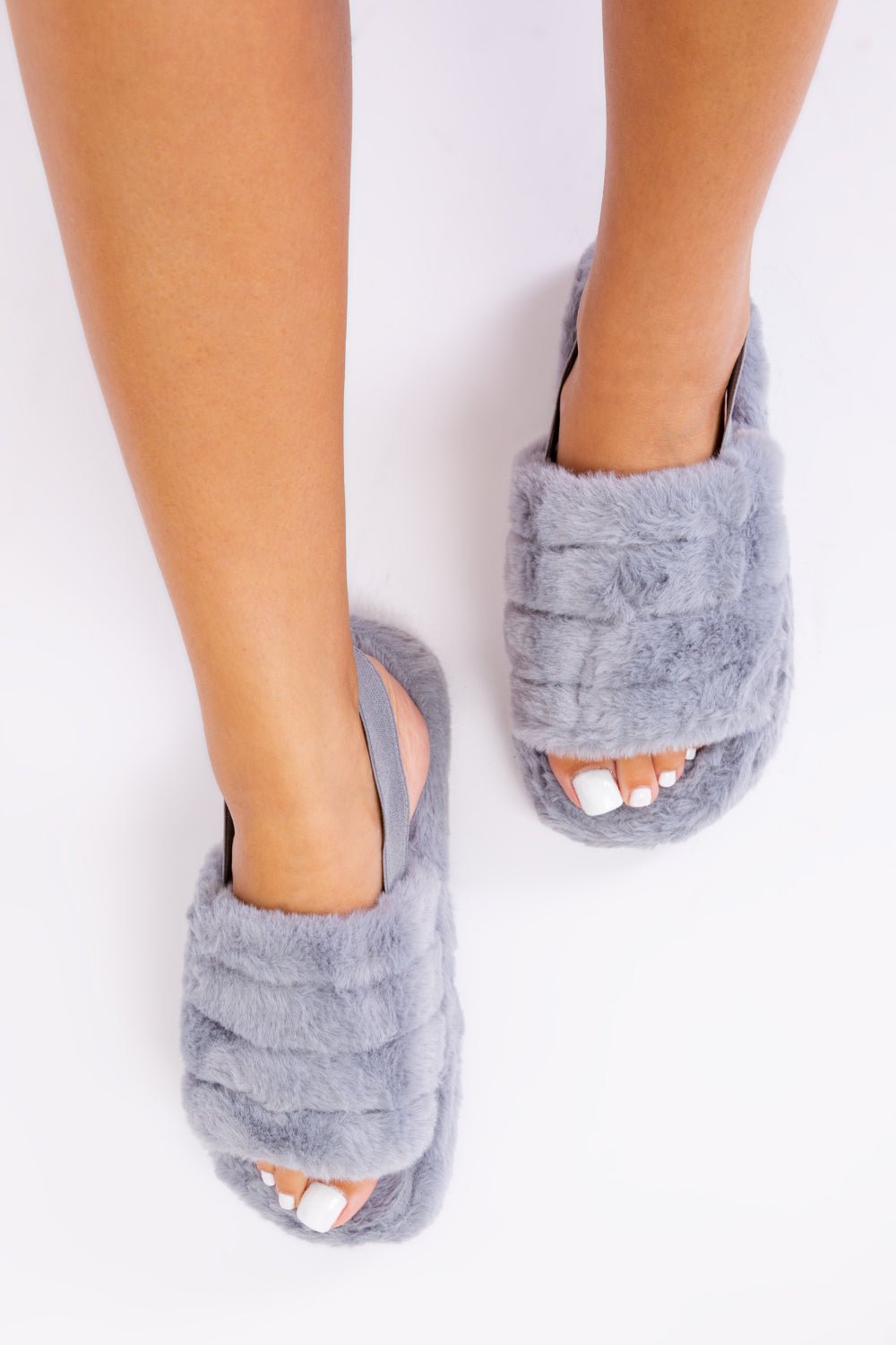 SASHA FLUFFY FAUX FUR MULE SLIPPERS WITH ELASTIC STRAP IN GREY - Popular trends empire