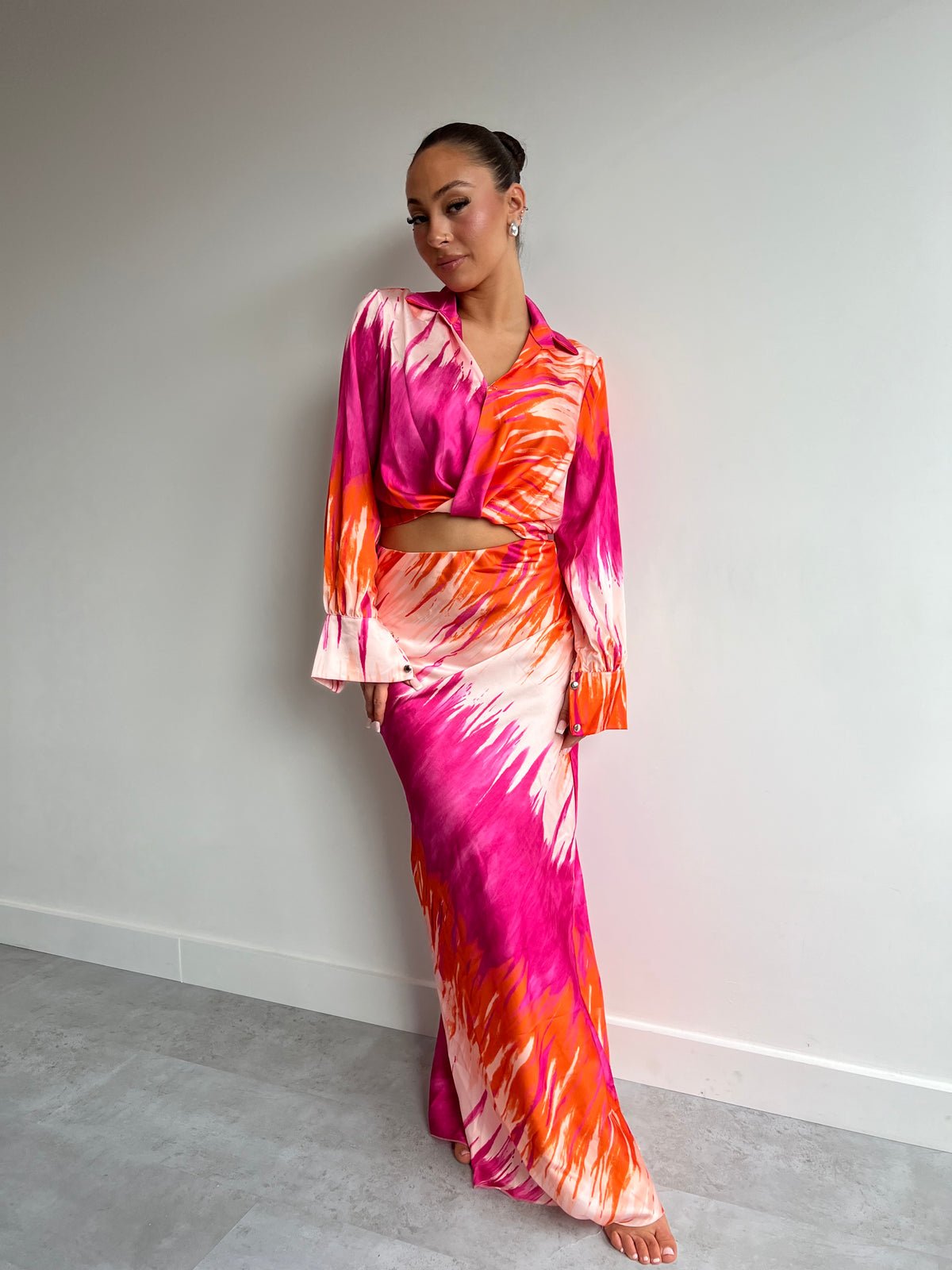 Satin Pink & Orange Printed Maxi Skirt Co - ord Set - Popular trends empire