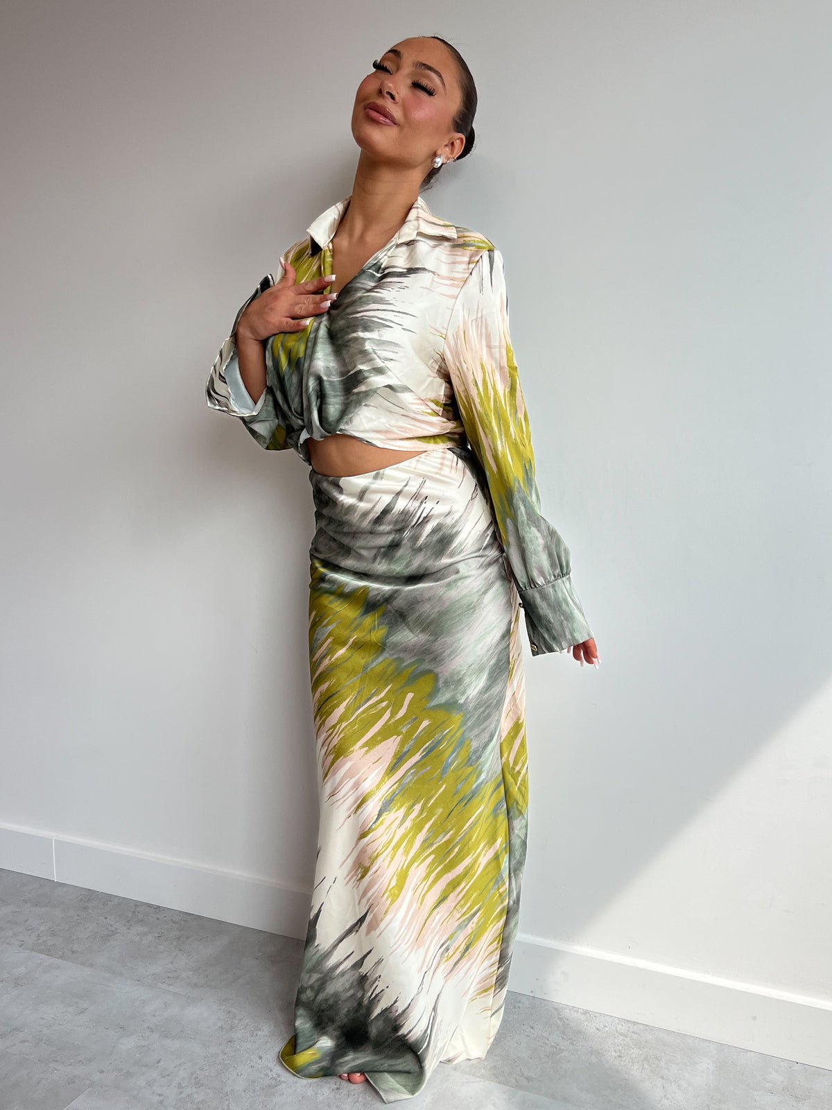 Satin Pink & Orange Printed Maxi Skirt Co - ord Set - Popular trends empire