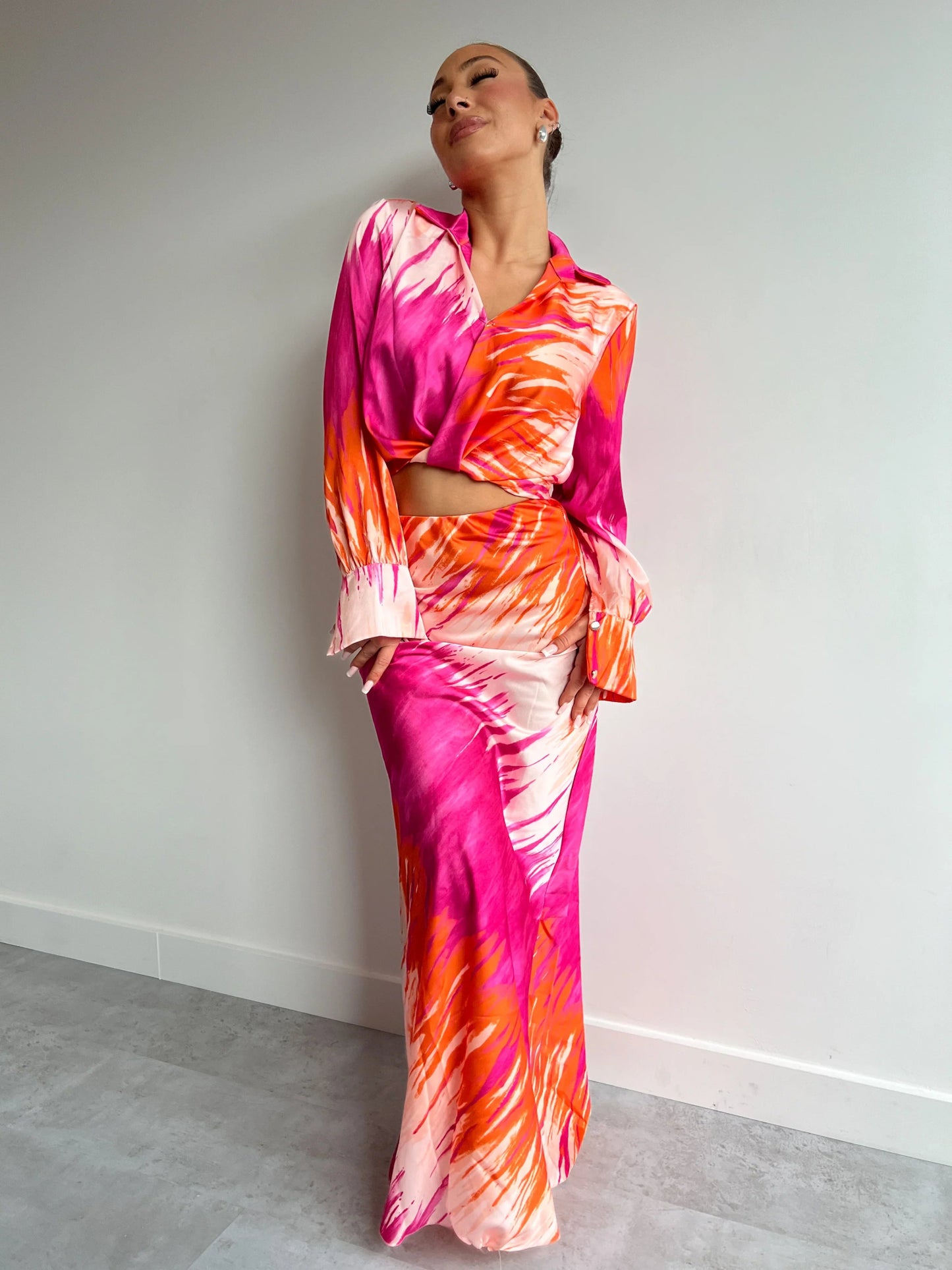 Satin Pink & Orange Printed Maxi Skirt Co - ord Set - Popular trends empire