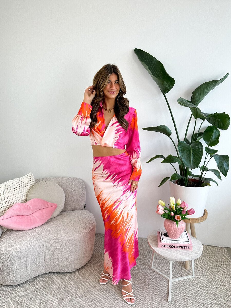 Satin Pink & Orange Printed Maxi Skirt Co - ord Set - Popular trends empire