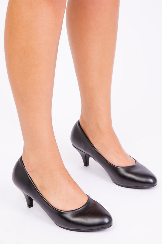 SHEA LOW HEEL COURT PUMP IN BLACK FAUX LEATHER - Popular trends empire