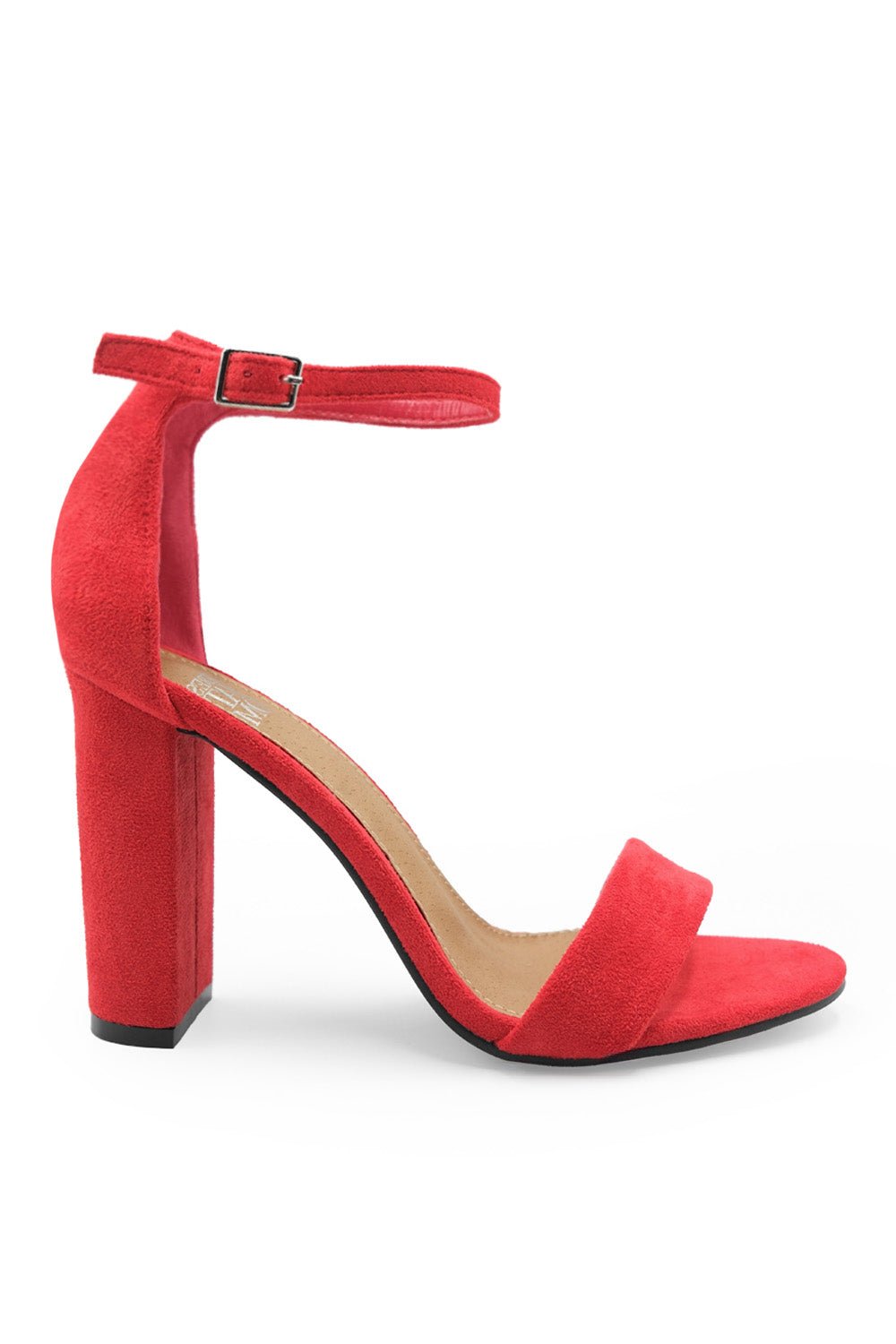 SKYE STRAPPY BLOCK HEELS WITH BUCKLE IN ROUGE RED SUEDE - Popular trends empire