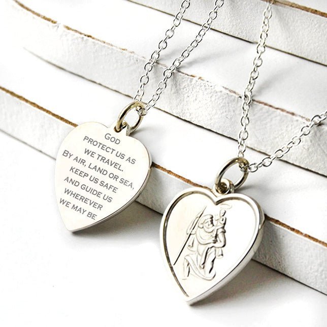 Sterling Silver Heart Pendant – Engraved Saint Christopher Necklace with 20" Chain - Popular trends empire