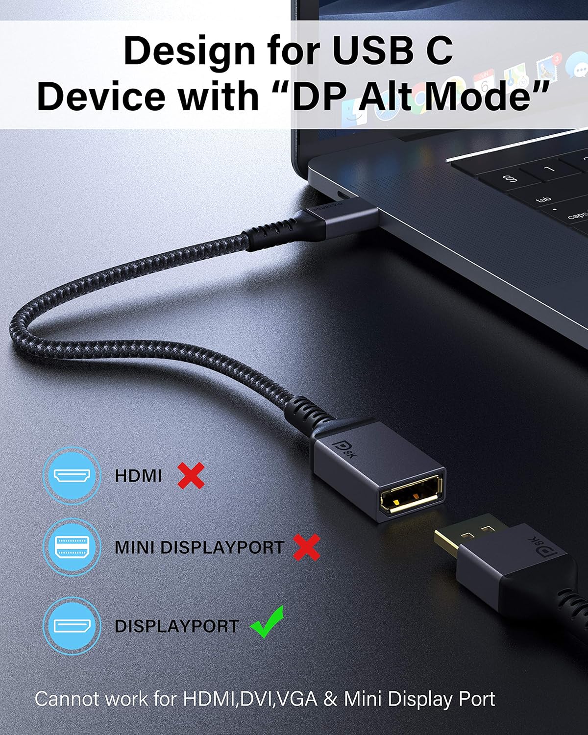 USB C to DisplayPort Adapter 8K@60Hz Thunderbolt 3 to DP Adapter HBR3 Mac & Win - Popular trends empire