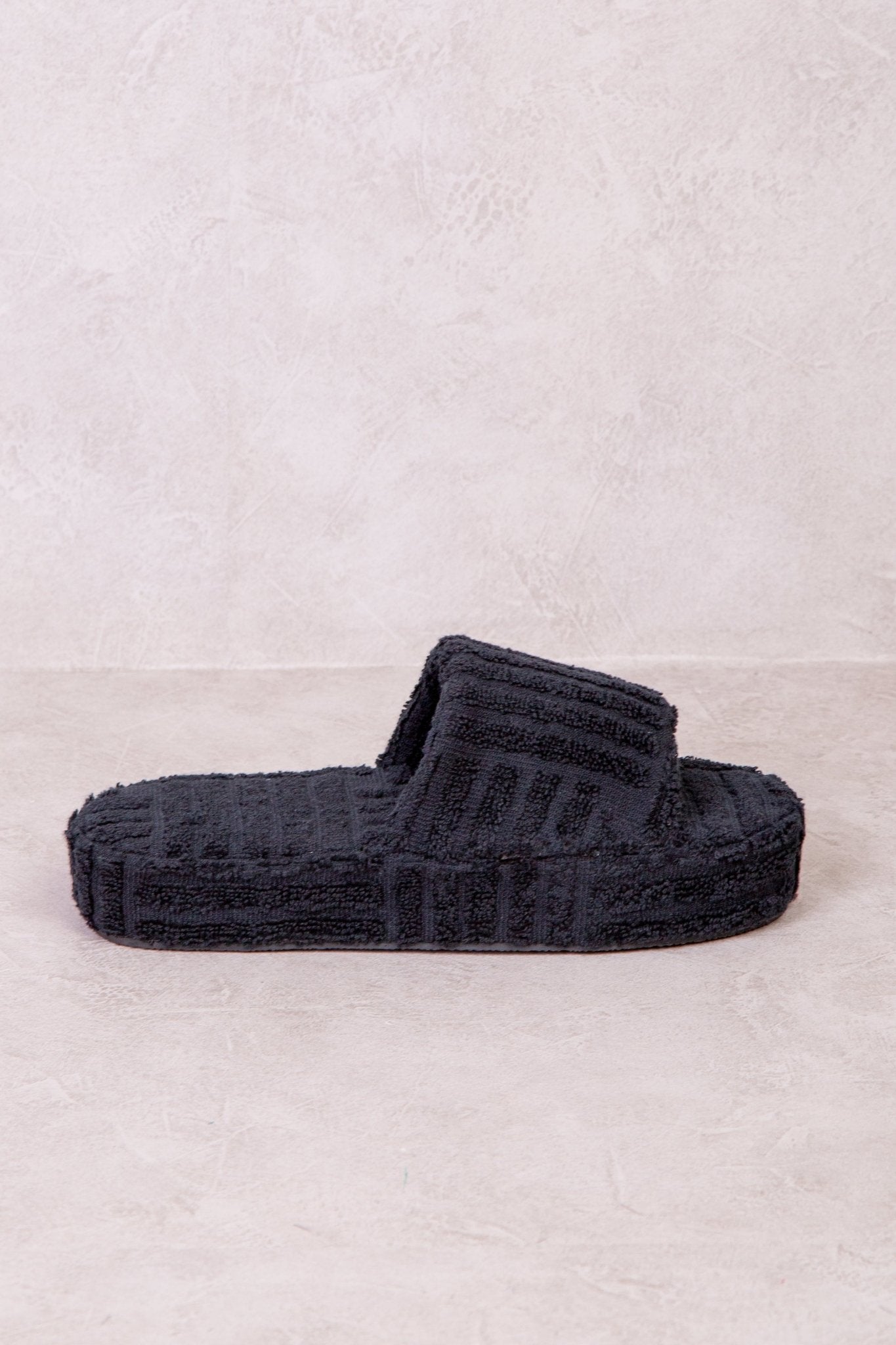 VESPA TERRY TOWEL FABRIC FLATFORM SLIDER IN BLACK - Popular trends empire