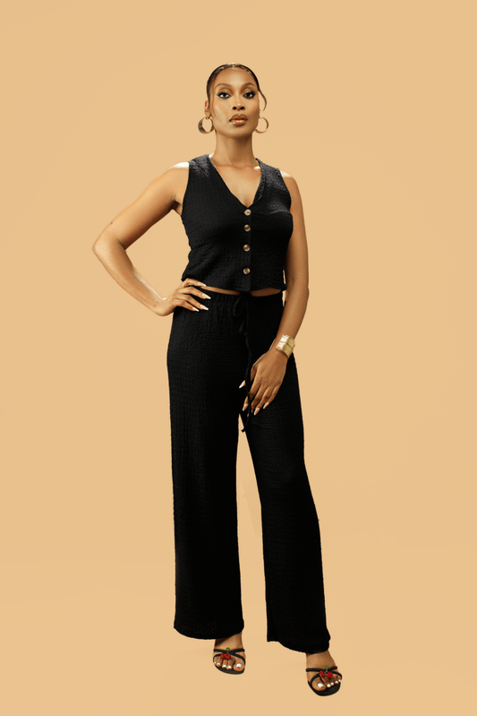 Women's Textured V - Neck Button - Up Waistcoat Co - ord Set - Popular trends empire