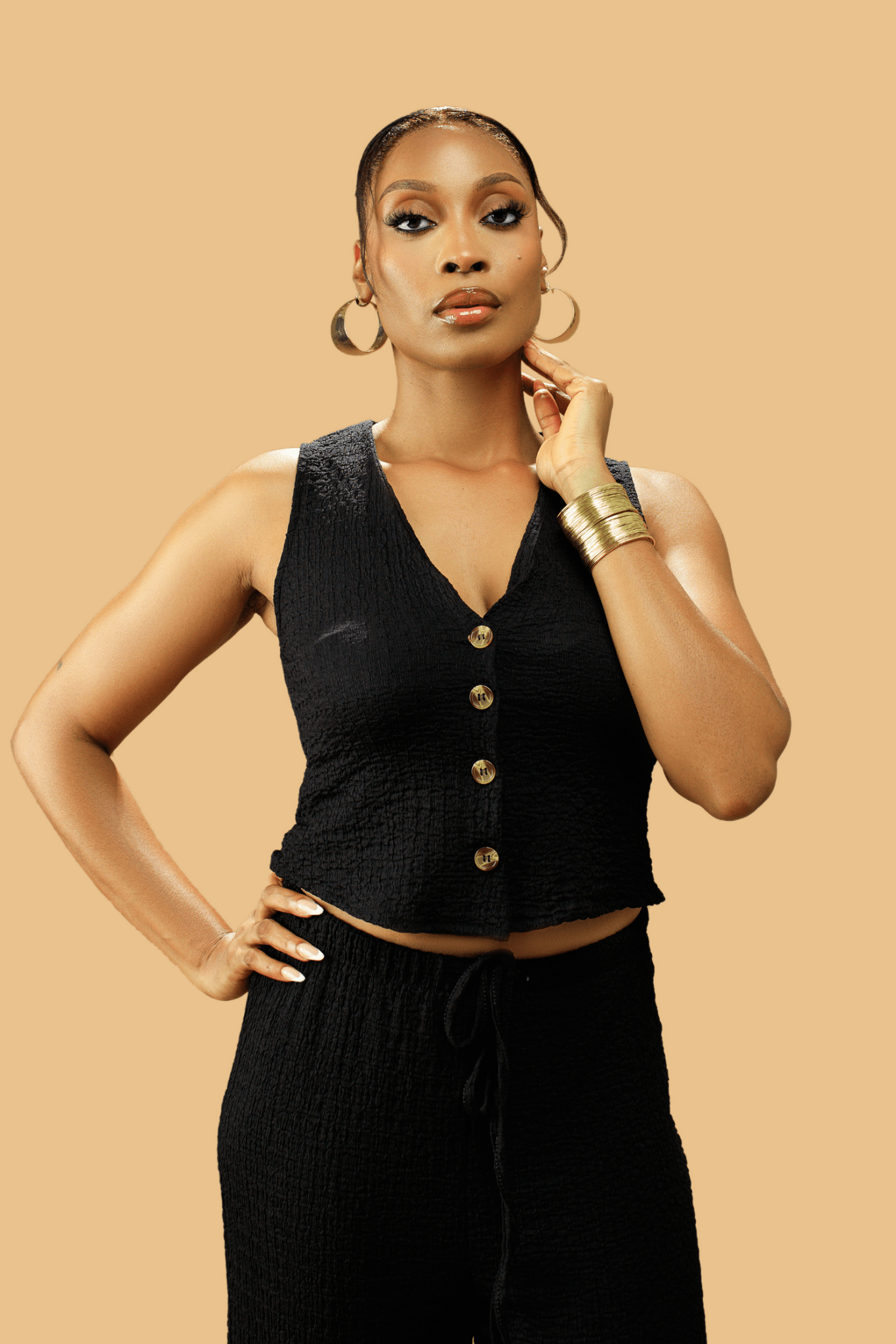 Women's Textured V - Neck Button - Up Waistcoat Co - ord Set - Popular trends empire