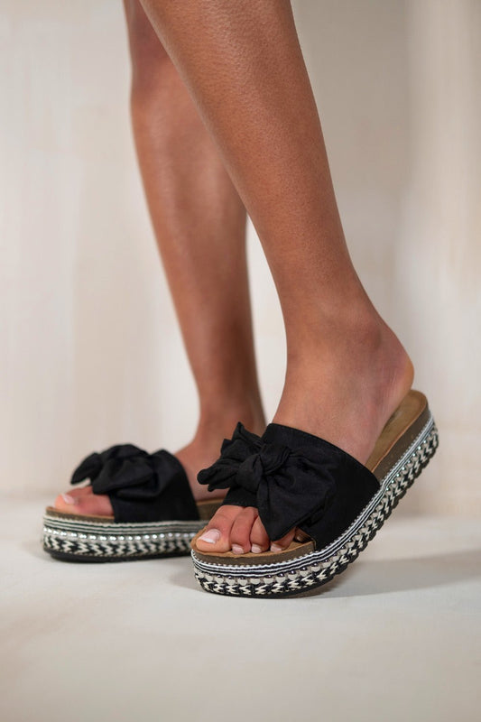XIMENA CHUNKY SOLE SLIDER STUDDED FRONT BOW DETAIL IN BLACK SUEDE - Popular trends empire