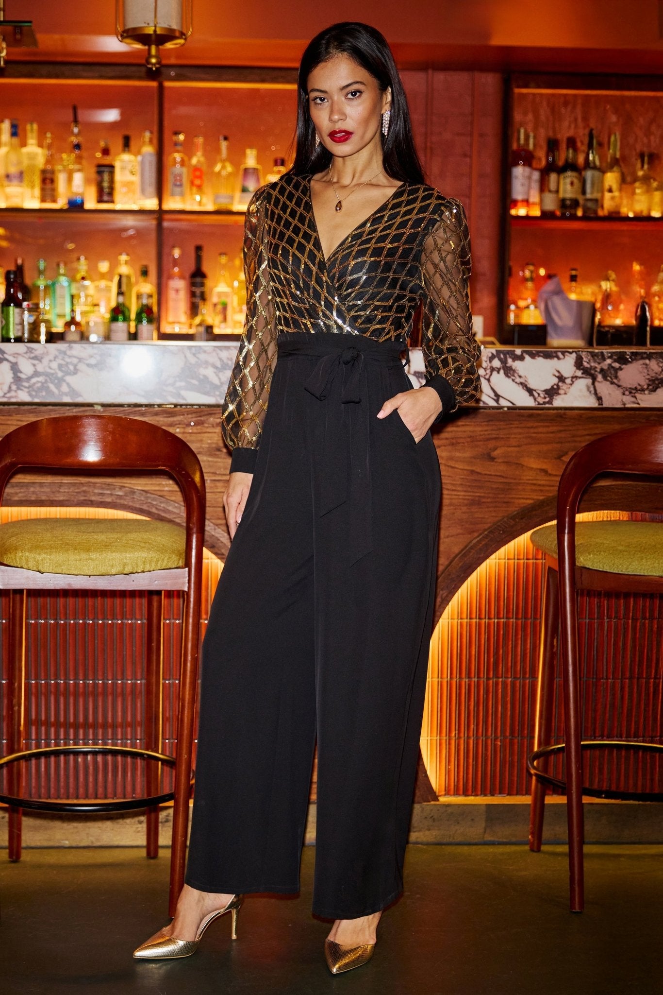 Yumi Black And Gold Sequin Wrap Over Jumpsuit - Popular trends empire