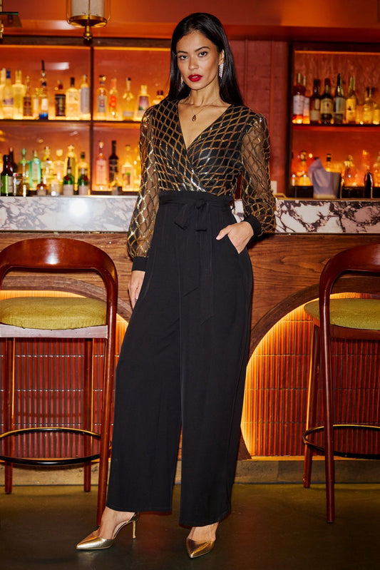 Yumi Black And Gold Sequin Wrap Over Jumpsuit - Popular trends empire