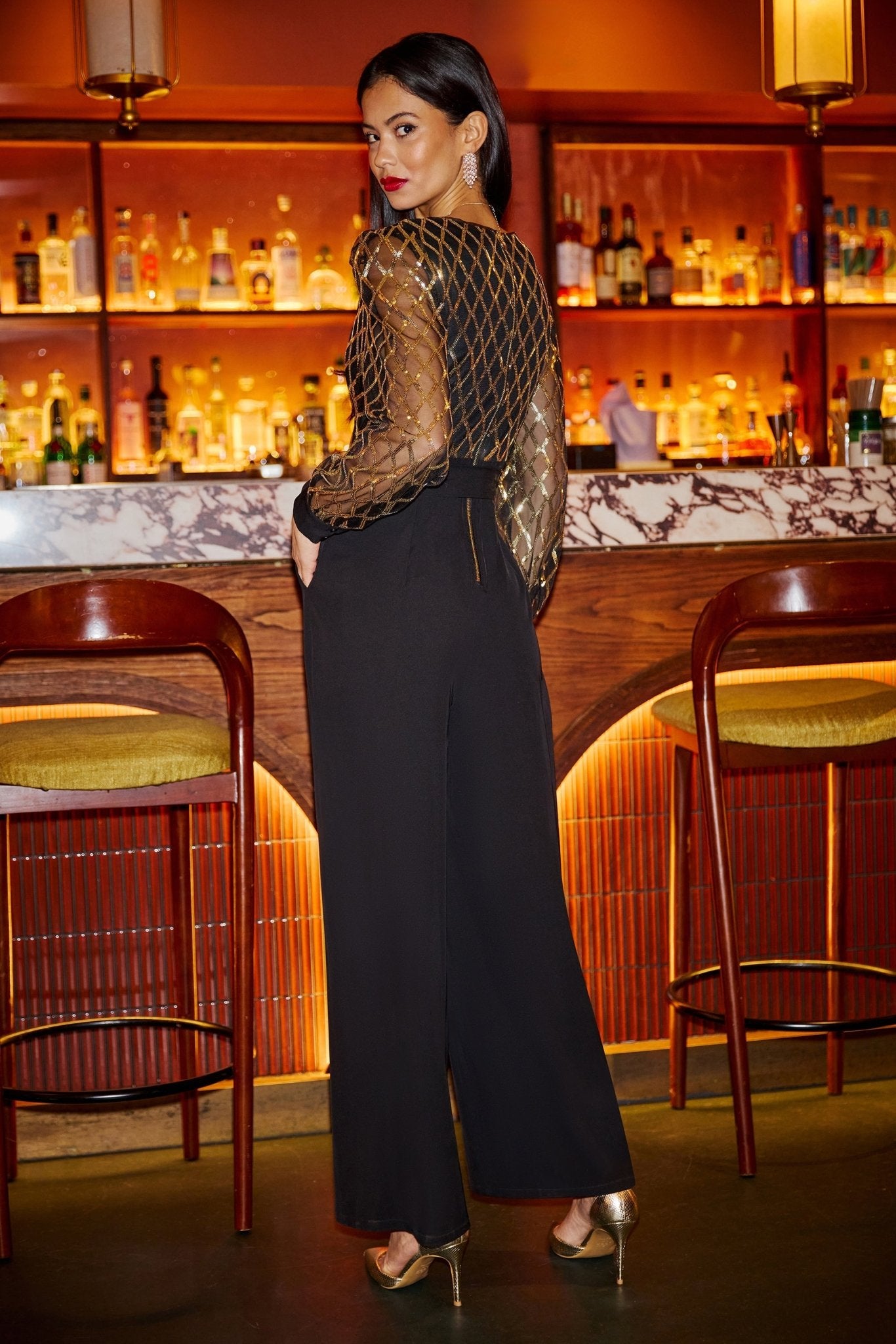 Yumi Black And Gold Sequin Wrap Over Jumpsuit - Popular trends empire