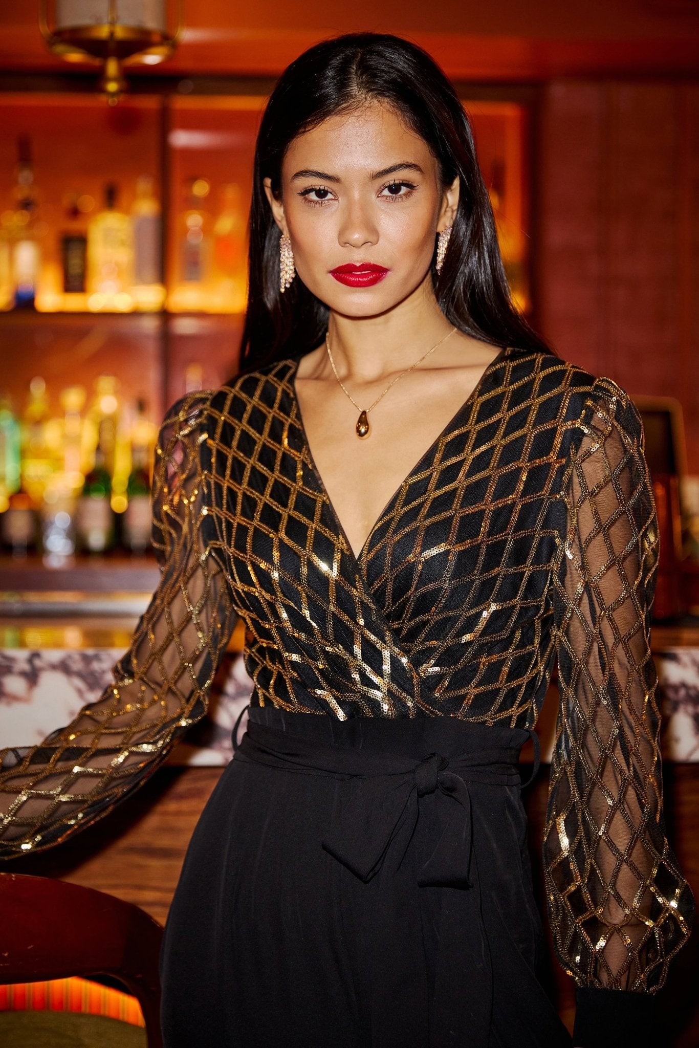 Yumi Black And Gold Sequin Wrap Over Jumpsuit - Popular trends empire