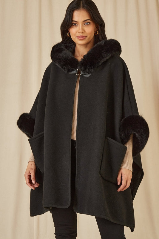 Yumi Black Cape With Luxe Fur Trim And Lining - Popular trends empire