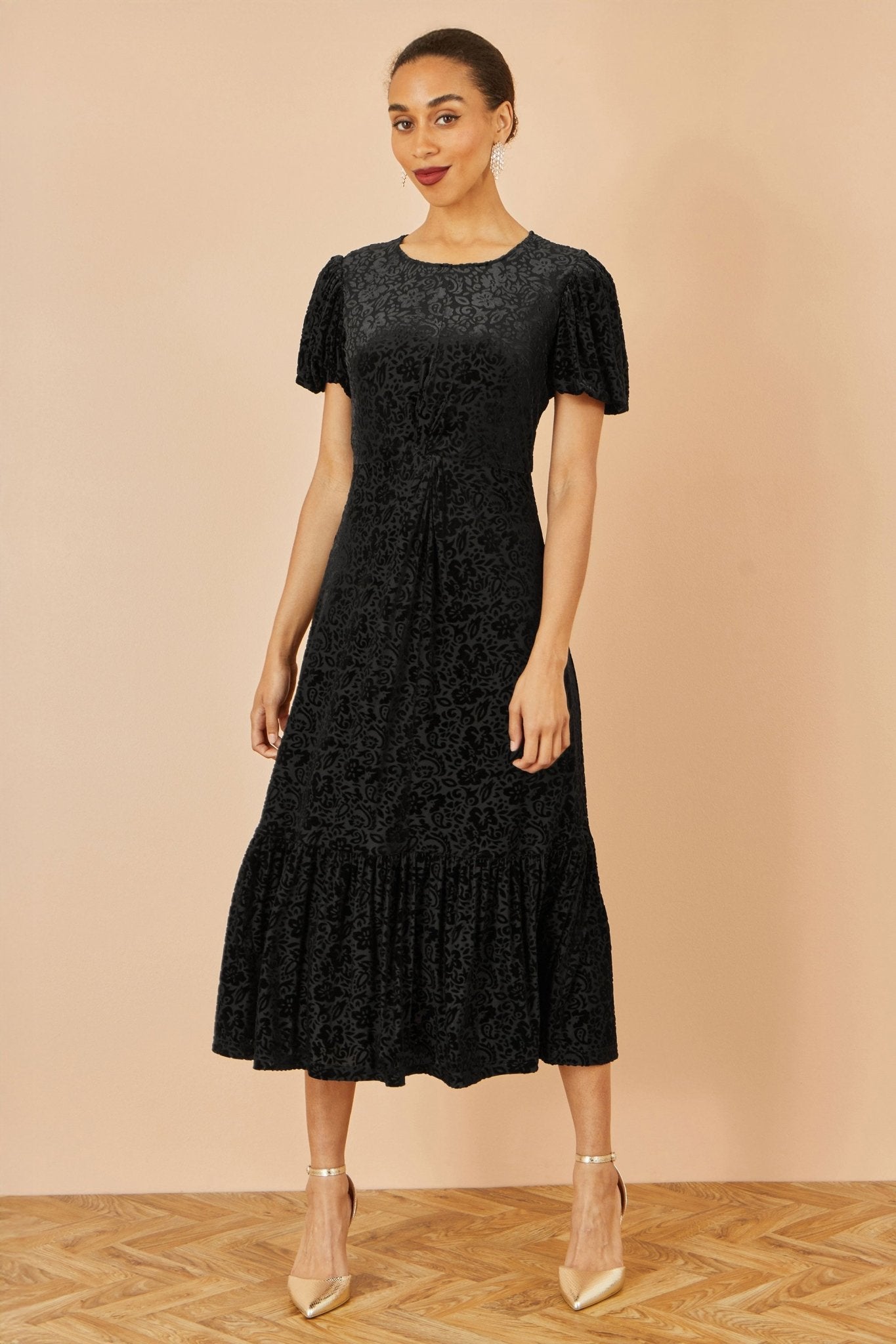 Yumi Black Floral Velour Velvet Twist Waist Midi Dress - Popular trends empire
