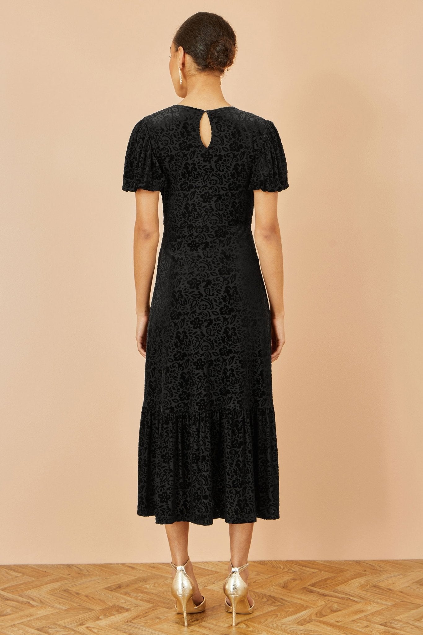 Yumi Black Floral Velour Velvet Twist Waist Midi Dress - Popular trends empire