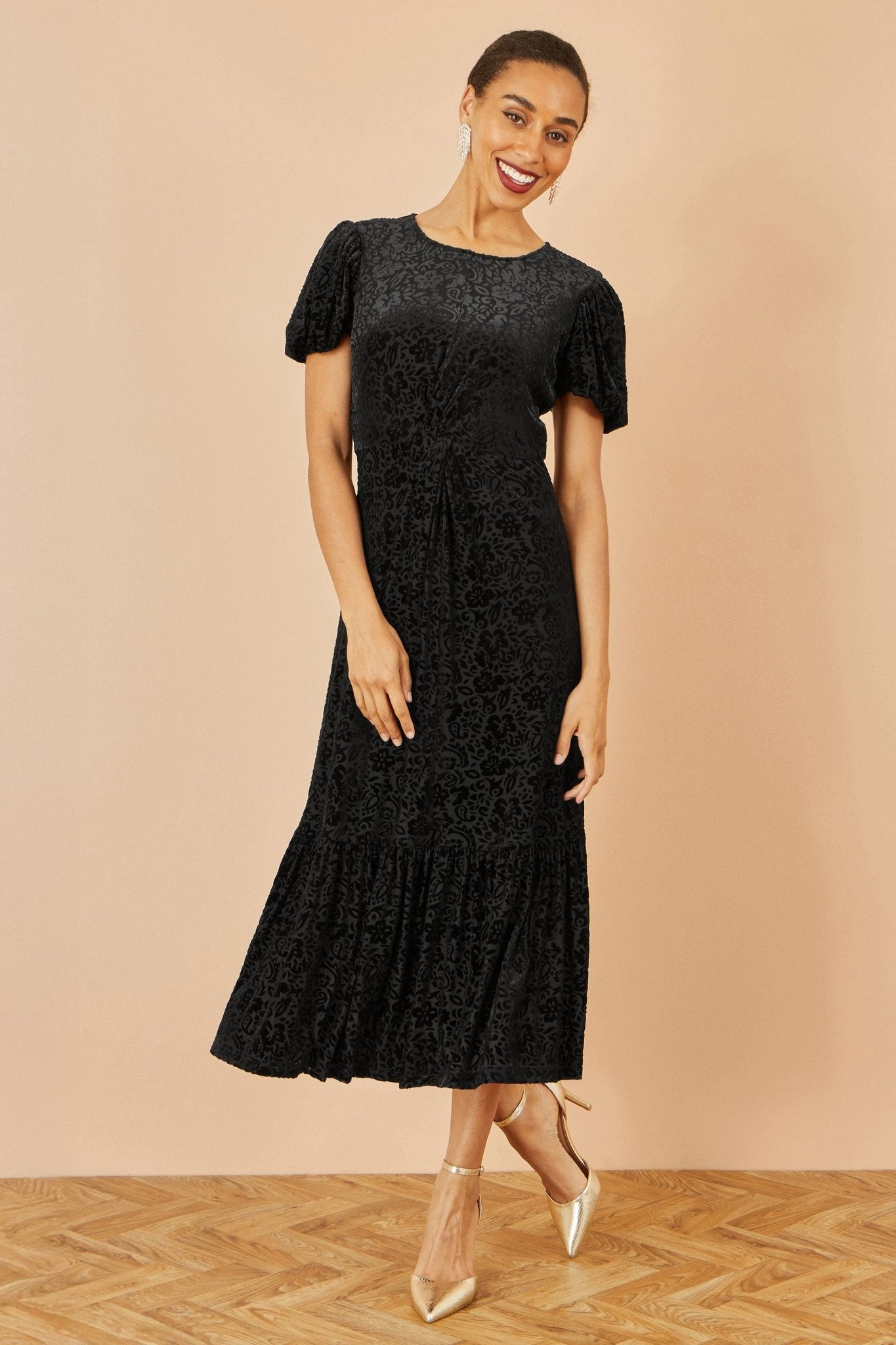 Yumi Black Floral Velour Velvet Twist Waist Midi Dress - Popular trends empire